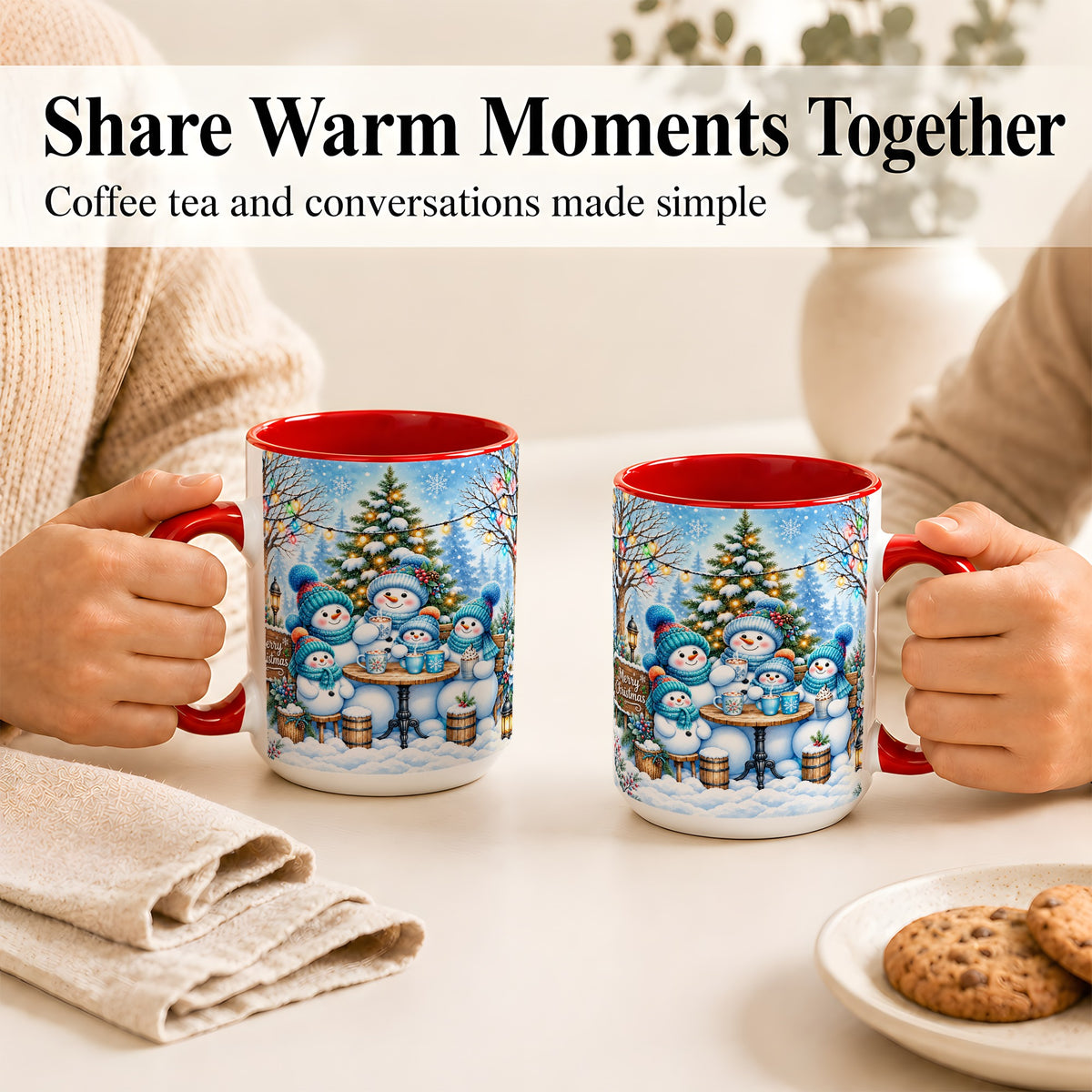 #pl[15oz|Red] Snowman Family Coffee Mug, Christmas Cocoa Snowmen Mug, Ceramic Cup