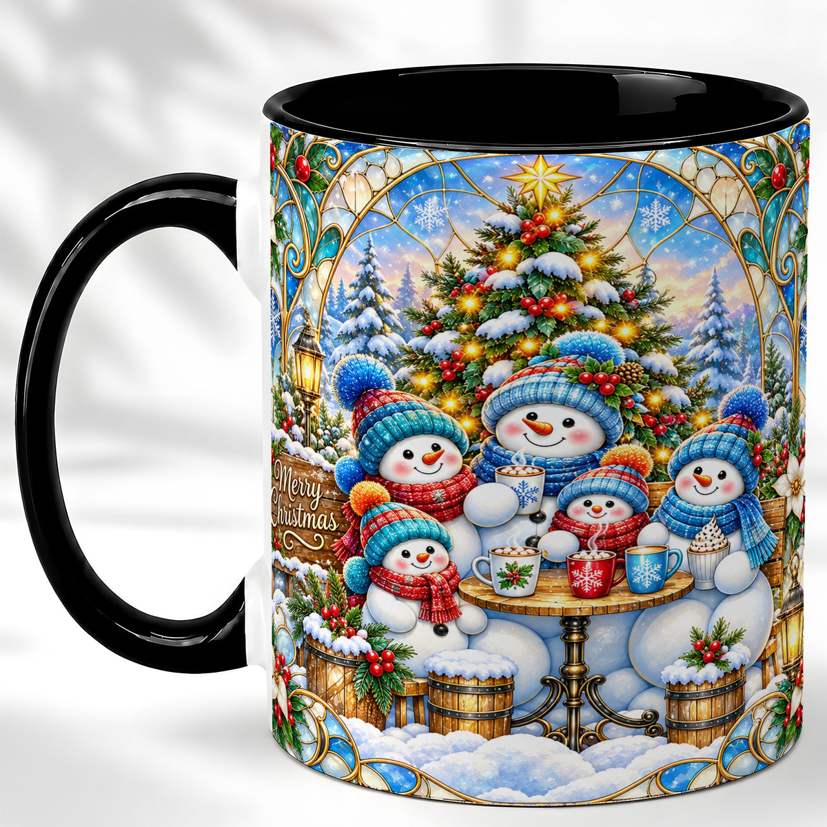 #pl[11oz|Black] Stained Glass Snowman Family Coffee Mug, Christmas Mug, Ceramic Cup