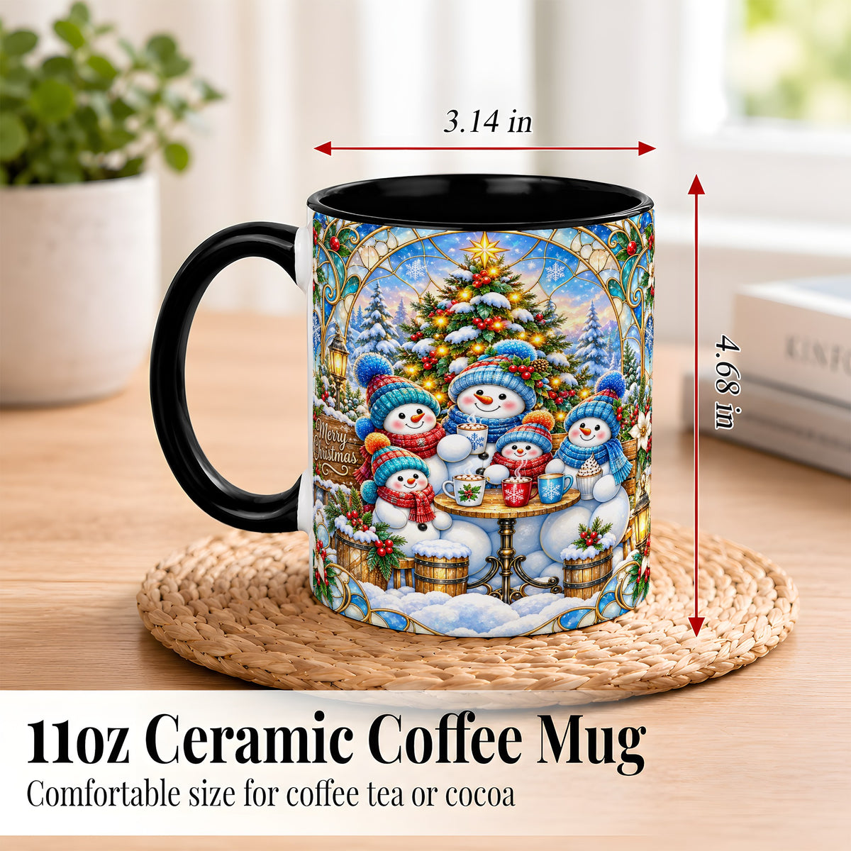 #pl[11oz|Black] Stained Glass Snowman Family Coffee Mug, Christmas Mug, Ceramic Cup