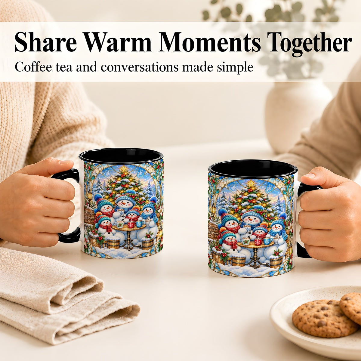 #pl[11oz|Black] Stained Glass Snowman Family Coffee Mug, Christmas Mug, Ceramic Cup