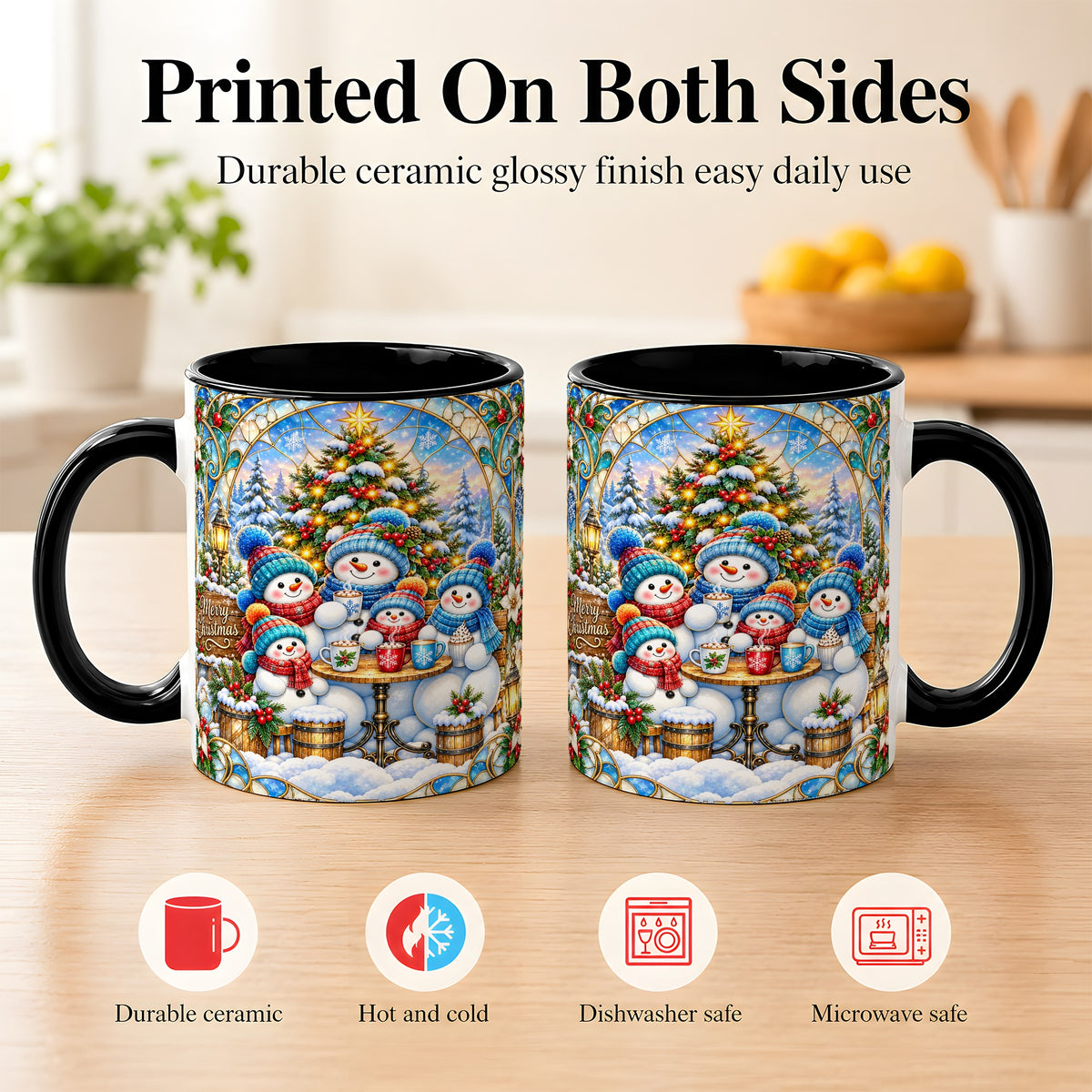 #pl[11oz|Black] Stained Glass Snowman Family Coffee Mug, Christmas Mug, Ceramic Cup