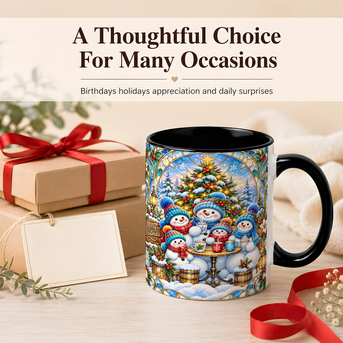 #pl[11oz|Black] Stained Glass Snowman Family Coffee Mug, Christmas Mug, Ceramic Cup