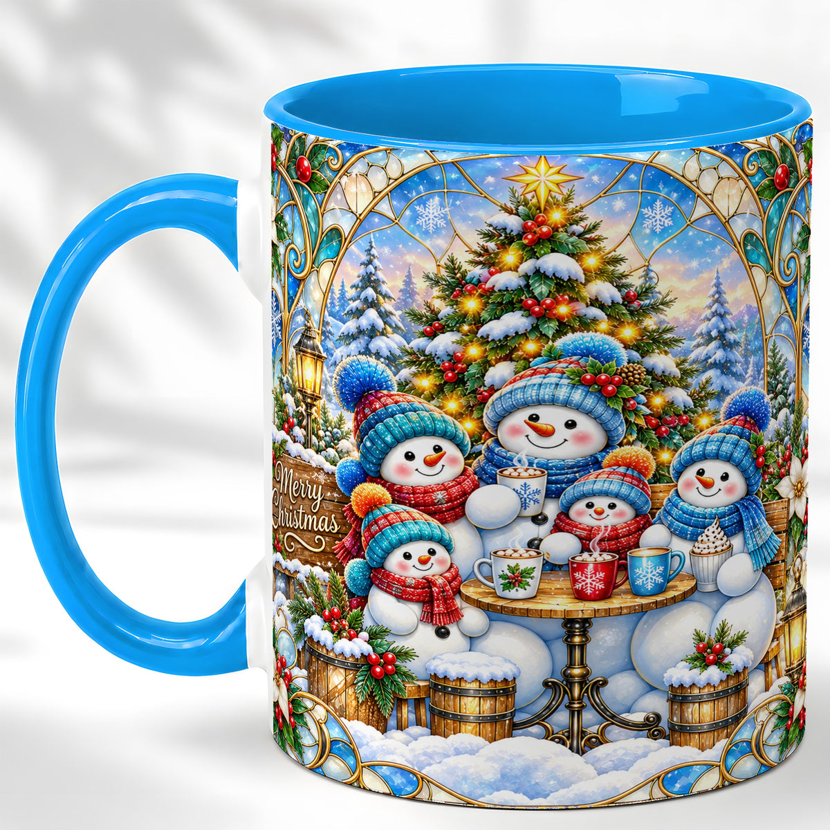 #pl[11oz|Blue] Stained Glass Snowman Family Coffee Mug, Christmas Mug, Ceramic Cup