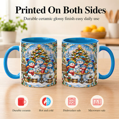 #pl[11oz|Blue] Stained Glass Snowman Family Coffee Mug, Christmas Mug, Ceramic Cup