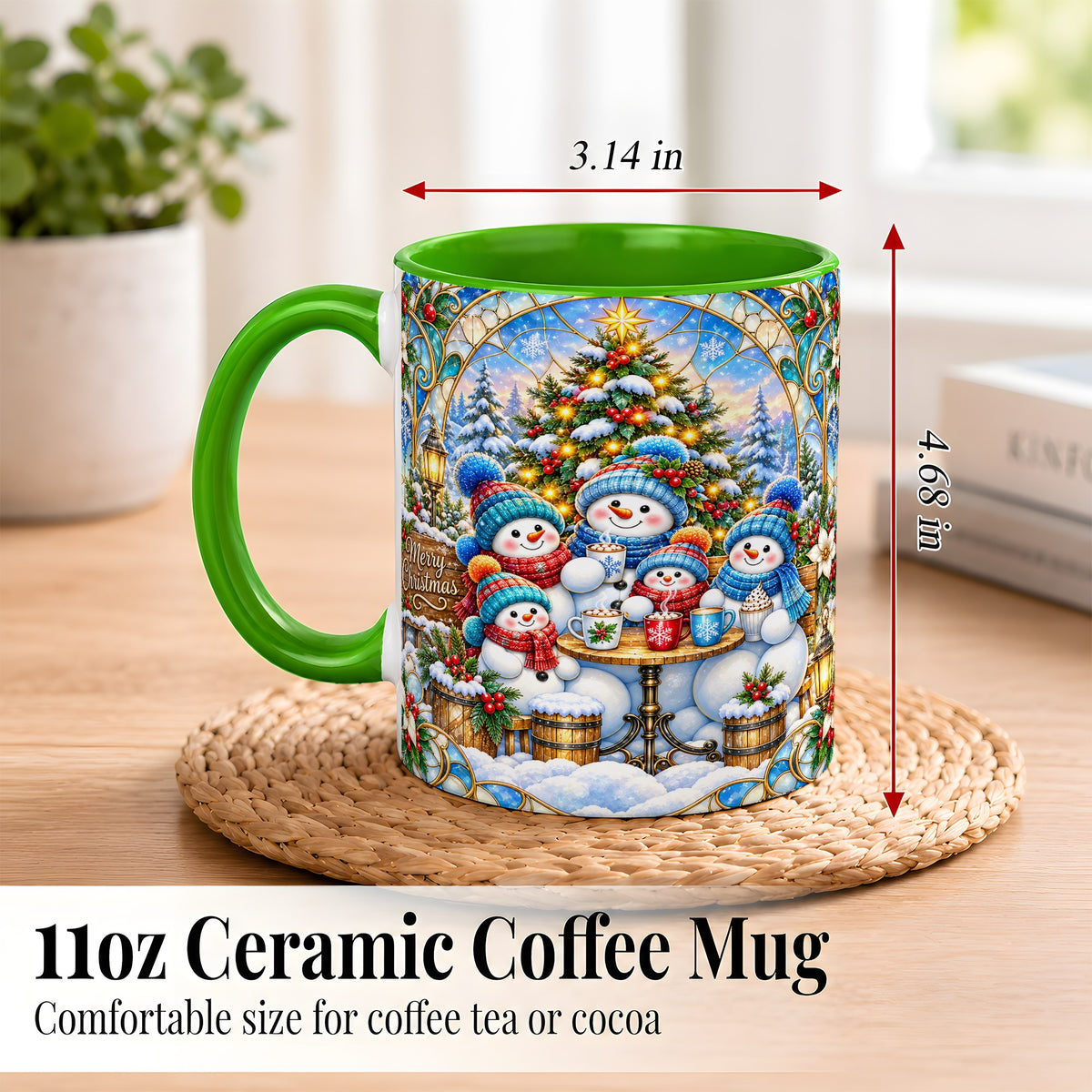 #pl[11oz|Green] Stained Glass Snowman Family Coffee Mug, Christmas Mug, Ceramic Cup