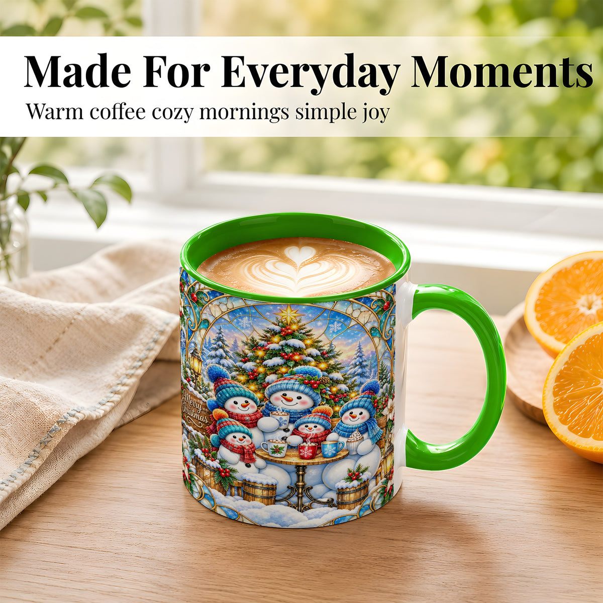 #pl[11oz|Green] Stained Glass Snowman Family Coffee Mug, Christmas Mug, Ceramic Cup