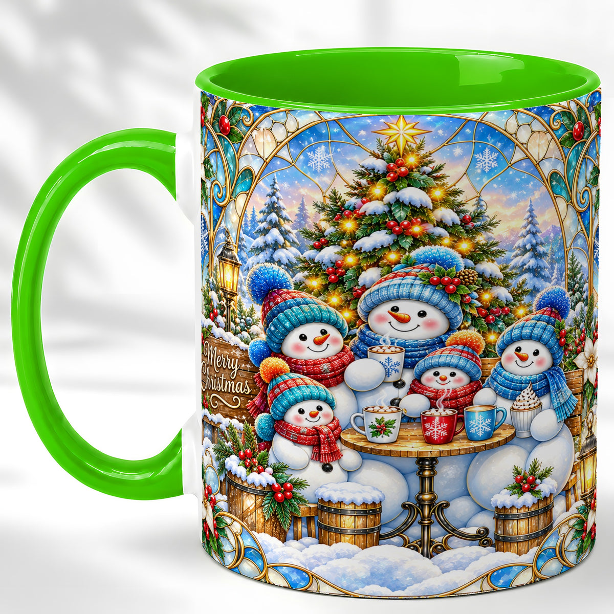 #pl[11oz|Green] Stained Glass Snowman Family Coffee Mug, Christmas Mug, Ceramic Cup