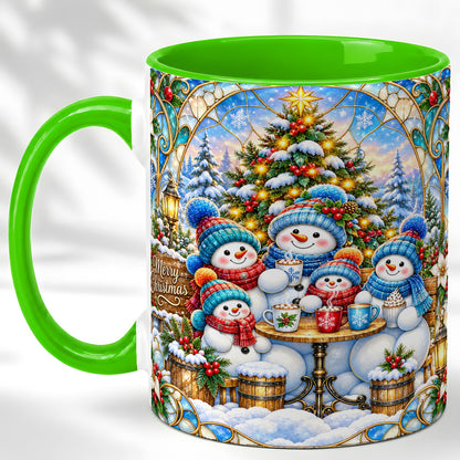 #pl[11oz|Green] Stained Glass Snowman Family Coffee Mug, Christmas Mug, Ceramic Cup