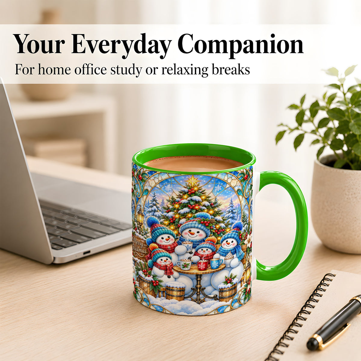 #pl[11oz|Green] Stained Glass Snowman Family Coffee Mug, Christmas Mug, Ceramic Cup