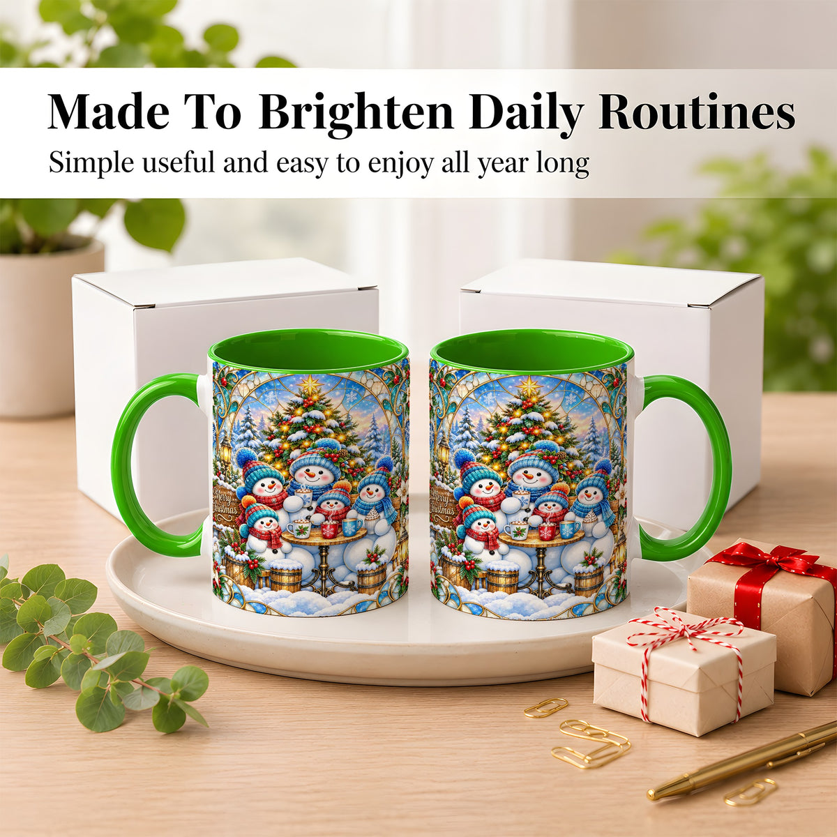 #pl[11oz|Green] Stained Glass Snowman Family Coffee Mug, Christmas Mug, Ceramic Cup