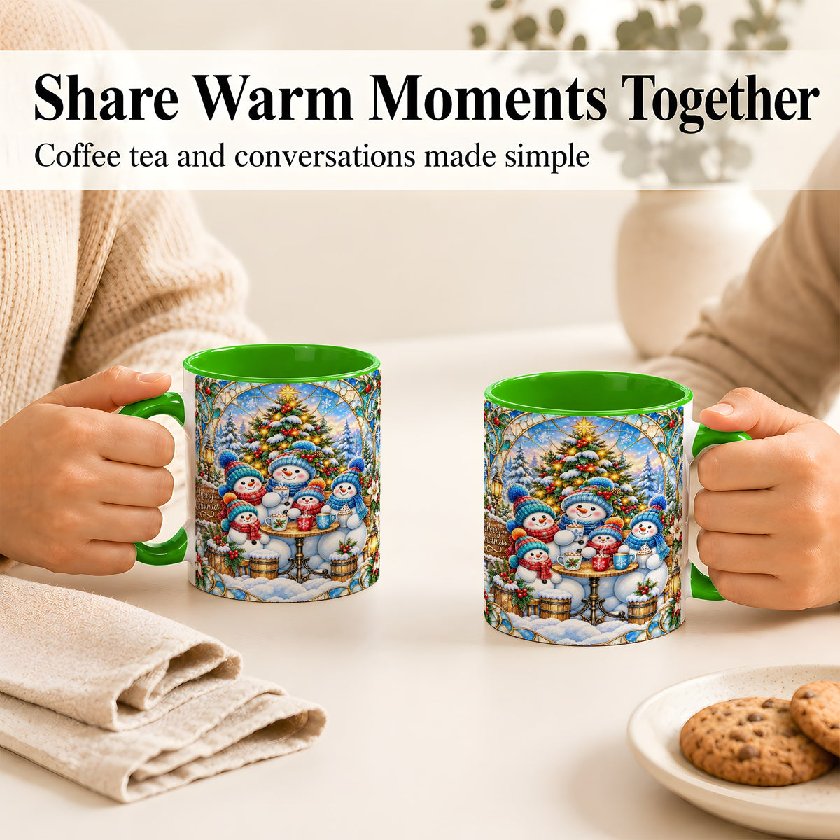 #pl[11oz|Green] Stained Glass Snowman Family Coffee Mug, Christmas Mug, Ceramic Cup