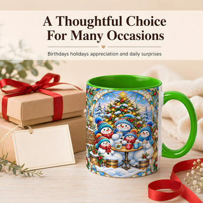 #pl[11oz|Green] Stained Glass Snowman Family Coffee Mug, Christmas Mug, Ceramic Cup