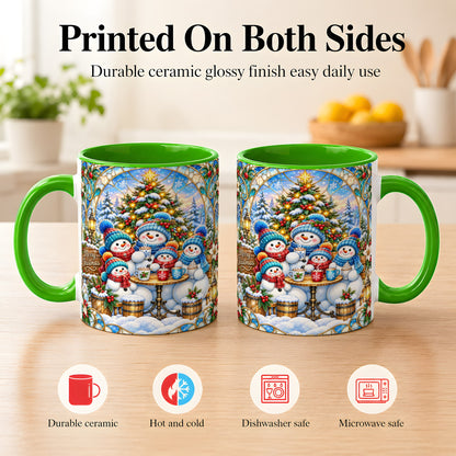 #pl[11oz|Green] Stained Glass Snowman Family Coffee Mug, Christmas Mug, Ceramic Cup