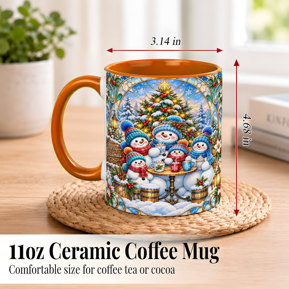 #pl[11oz|Orange] Stained Glass Snowman Family Coffee Mug, Christmas Mug, Ceramic Cup