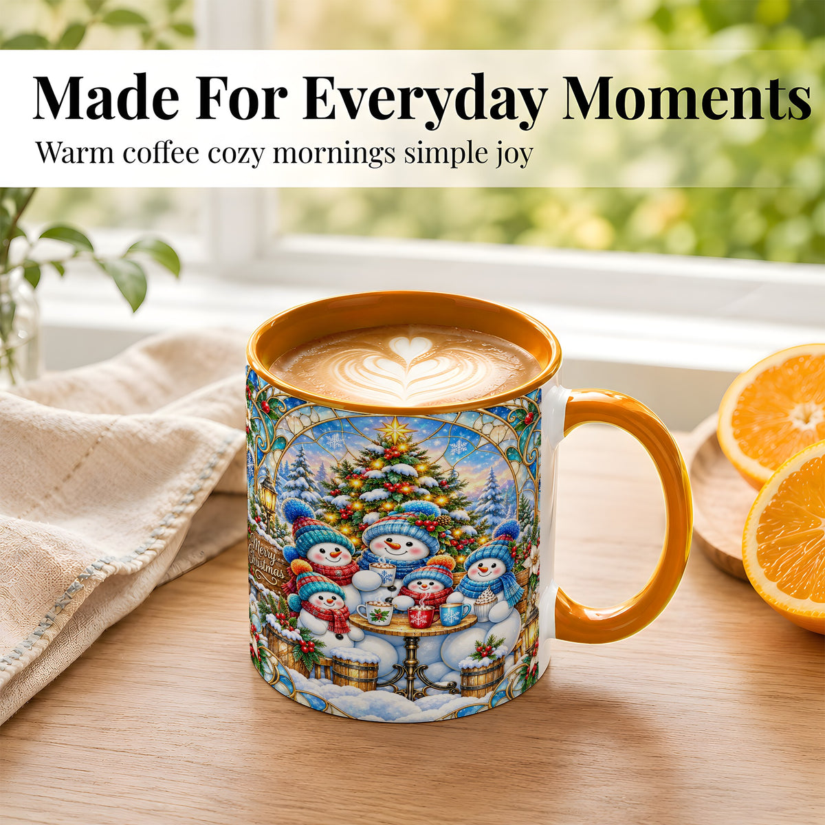 #pl[11oz|Orange] Stained Glass Snowman Family Coffee Mug, Christmas Mug, Ceramic Cup