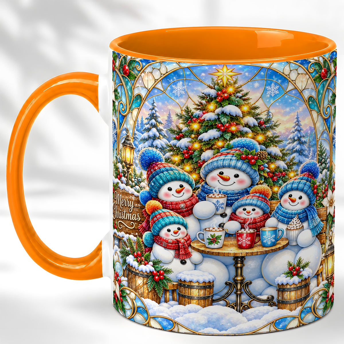 #pl[11oz|Orange] Stained Glass Snowman Family Coffee Mug, Christmas Mug, Ceramic Cup