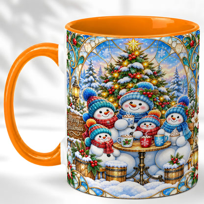 #pl[11oz|Orange] Stained Glass Snowman Family Coffee Mug, Christmas Mug, Ceramic Cup