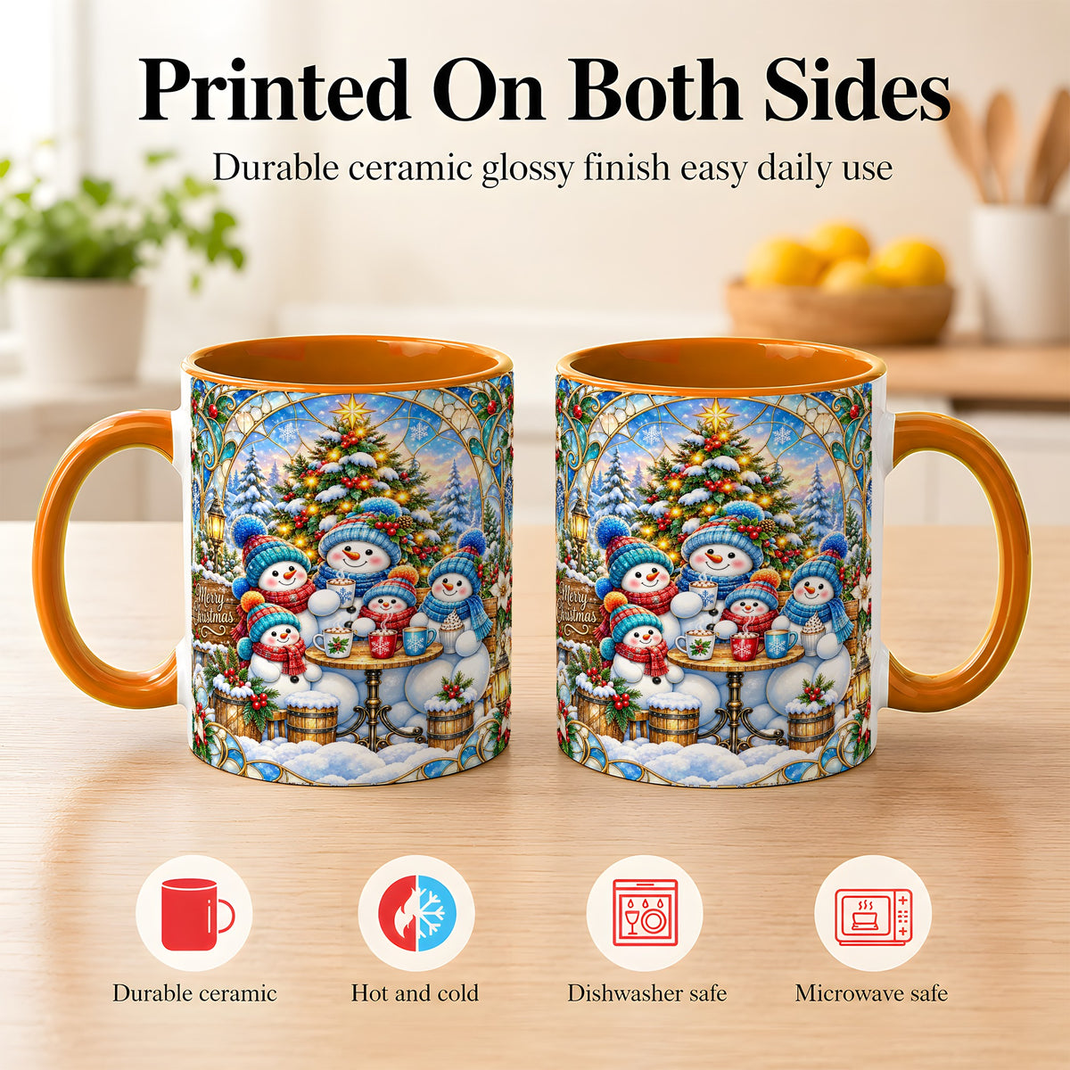 #pl[11oz|Orange] Stained Glass Snowman Family Coffee Mug, Christmas Mug, Ceramic Cup