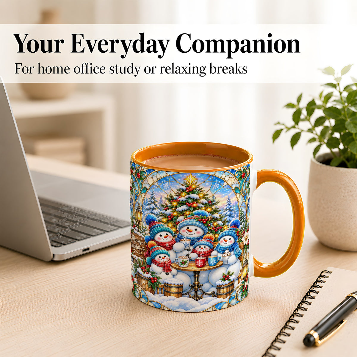 #pl[11oz|Orange] Stained Glass Snowman Family Coffee Mug, Christmas Mug, Ceramic Cup