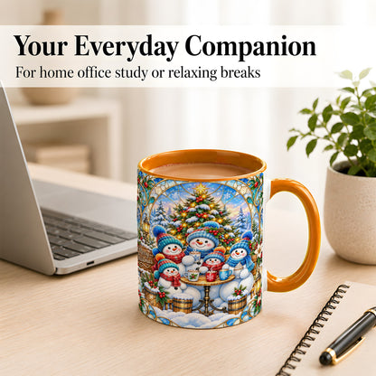 #pl[11oz|Orange] Stained Glass Snowman Family Coffee Mug, Christmas Mug, Ceramic Cup