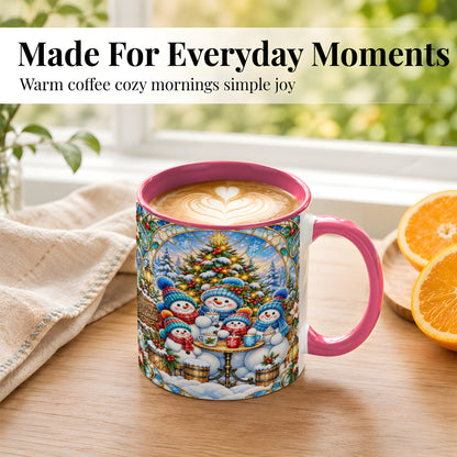 #pl[11oz|Pink] Stained Glass Snowman Family Coffee Mug, Christmas Mug, Ceramic Cup