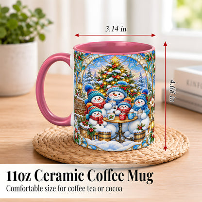 #pl[11oz|Pink] Stained Glass Snowman Family Coffee Mug, Christmas Mug, Ceramic Cup