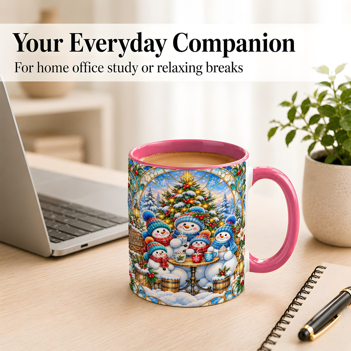 #pl[11oz|Pink] Stained Glass Snowman Family Coffee Mug, Christmas Mug, Ceramic Cup