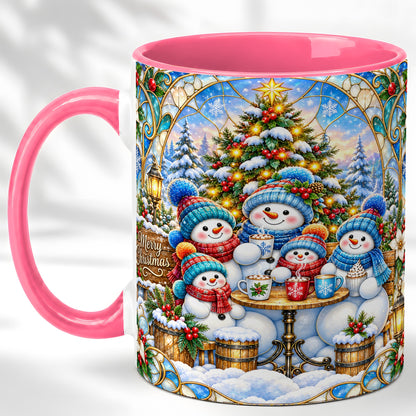 #pl[11oz|Pink] Stained Glass Snowman Family Coffee Mug, Christmas Mug, Ceramic Cup