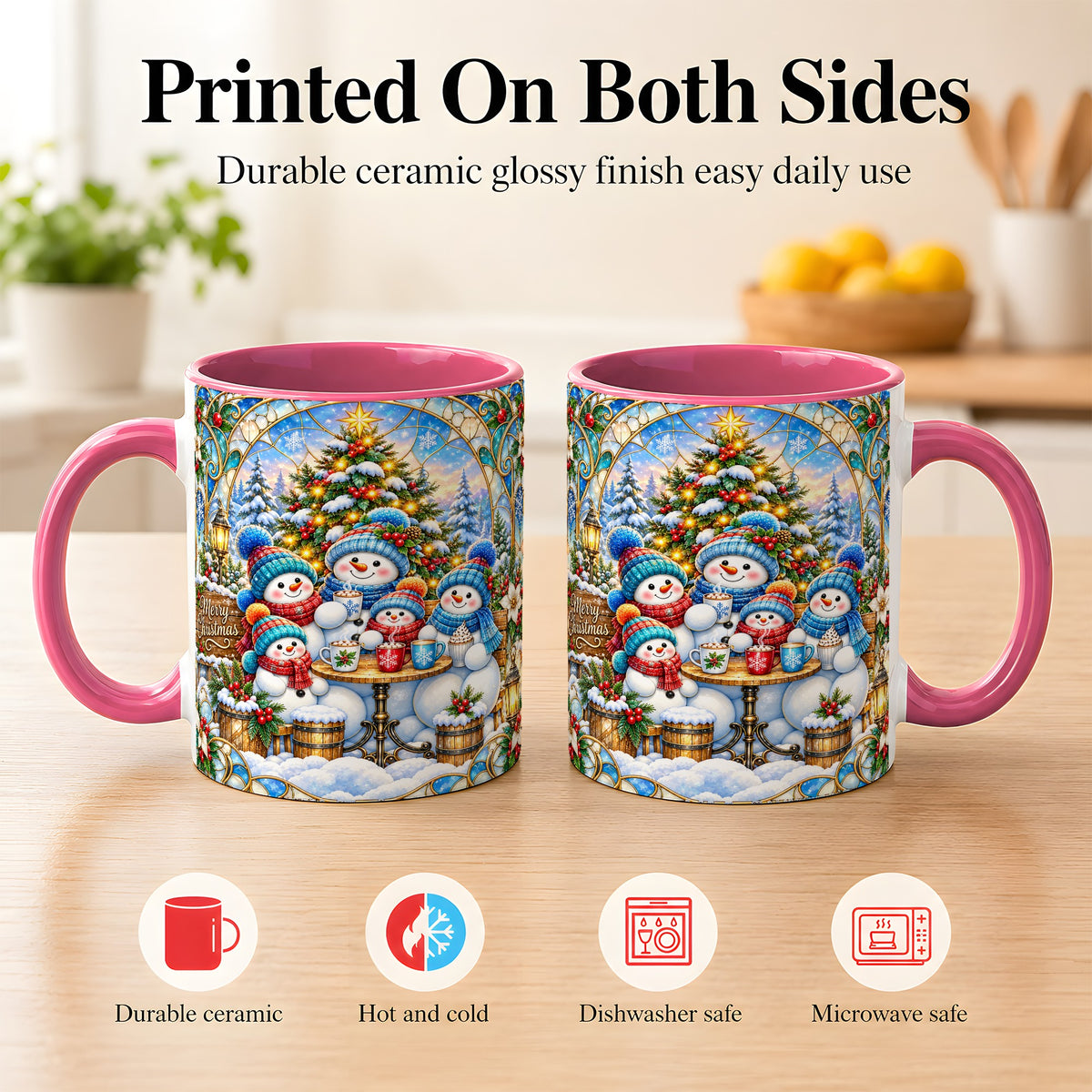 #pl[11oz|Pink] Stained Glass Snowman Family Coffee Mug, Christmas Mug, Ceramic Cup