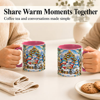 #pl[11oz|Pink] Stained Glass Snowman Family Coffee Mug, Christmas Mug, Ceramic Cup