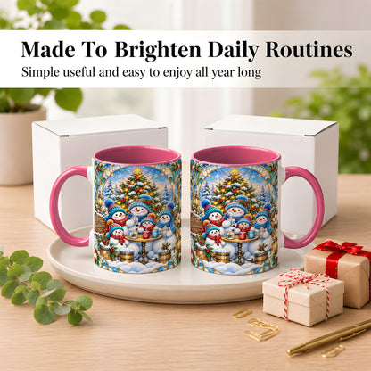 #pl[11oz|Pink] Stained Glass Snowman Family Coffee Mug, Christmas Mug, Ceramic Cup