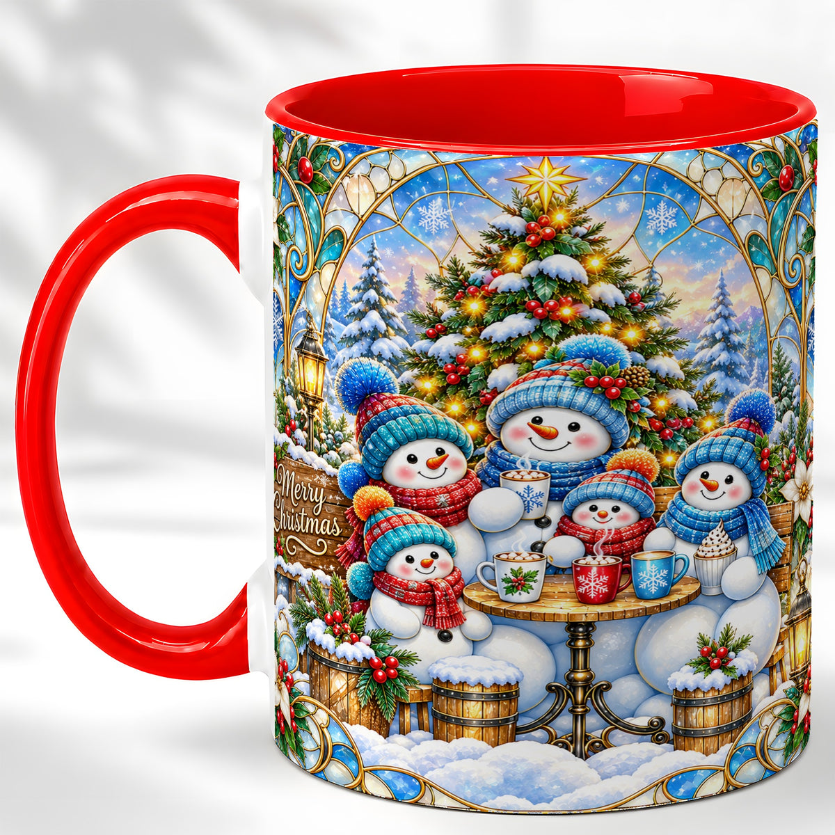 Stained Glass Snowman Family Coffee Mug, Christmas Mug, Ceramic Cup