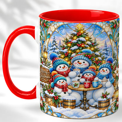 Stained Glass Snowman Family Coffee Mug, Christmas Mug, Ceramic Cup