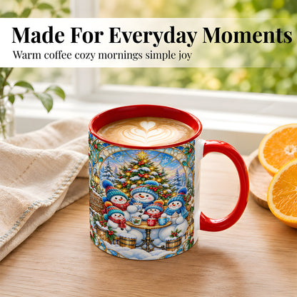 #pl[11oz|Red] Stained Glass Snowman Family Coffee Mug, Christmas Mug, Ceramic Cup