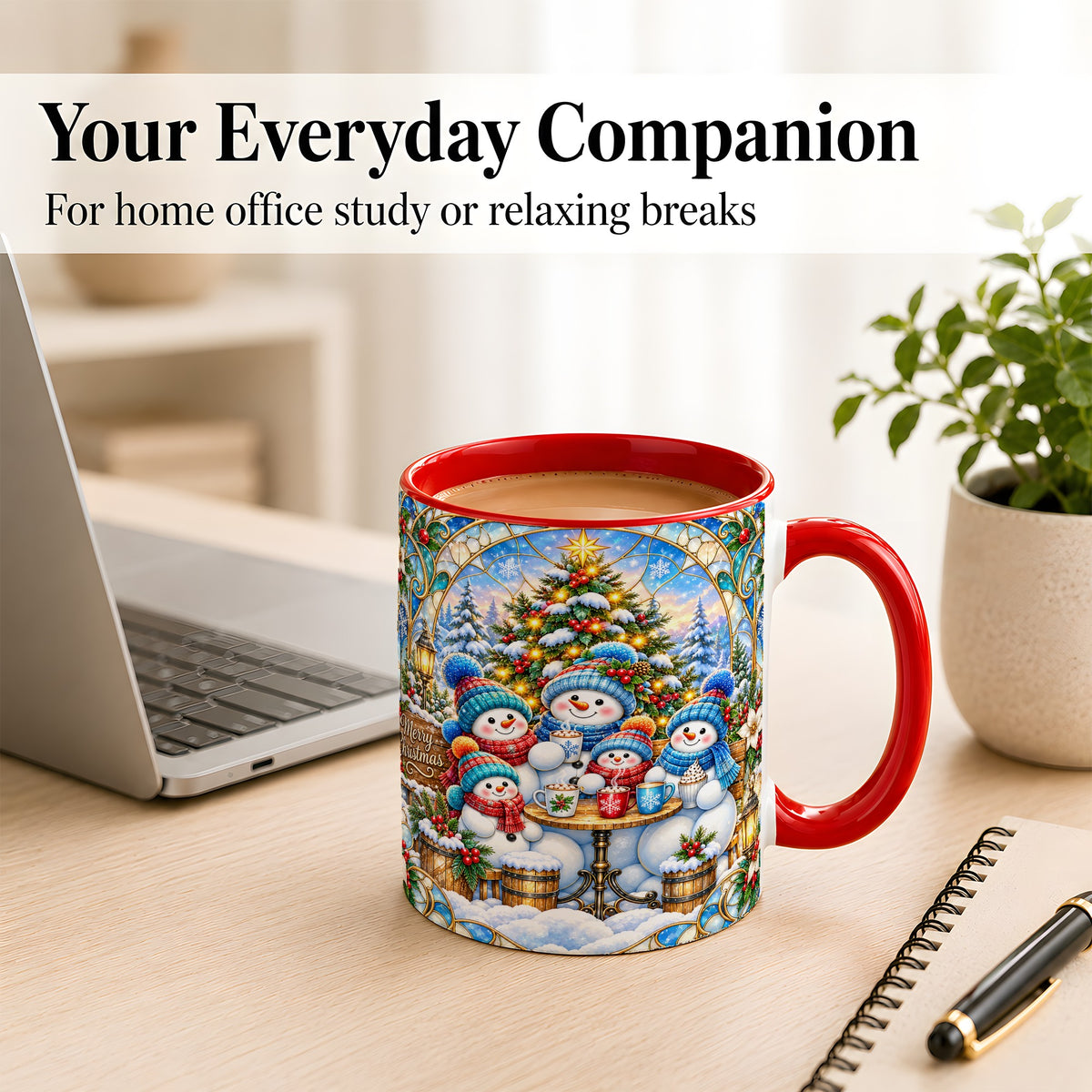 #pl[11oz|Red] Stained Glass Snowman Family Coffee Mug, Christmas Mug, Ceramic Cup