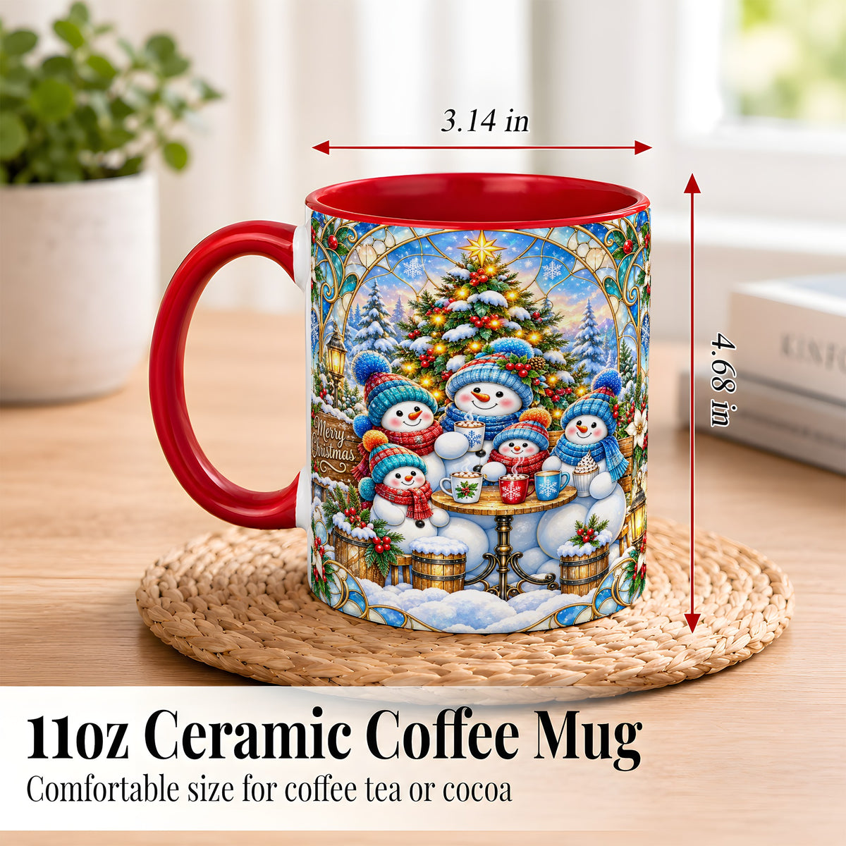 #pl[11oz|Red] Stained Glass Snowman Family Coffee Mug, Christmas Mug, Ceramic Cup