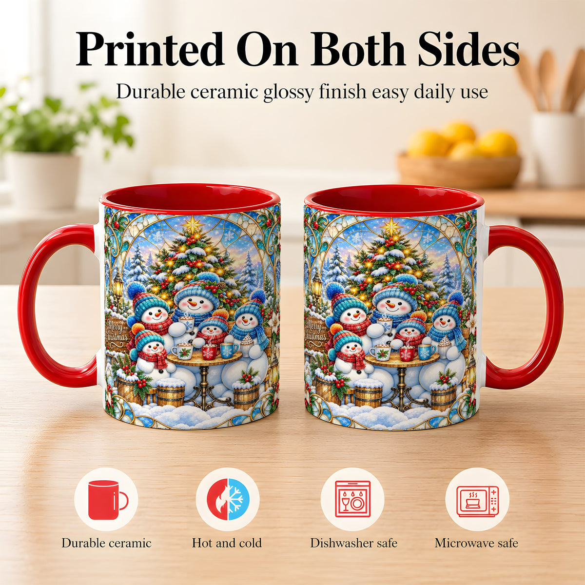 #pl[11oz|Red] Stained Glass Snowman Family Coffee Mug, Christmas Mug, Ceramic Cup