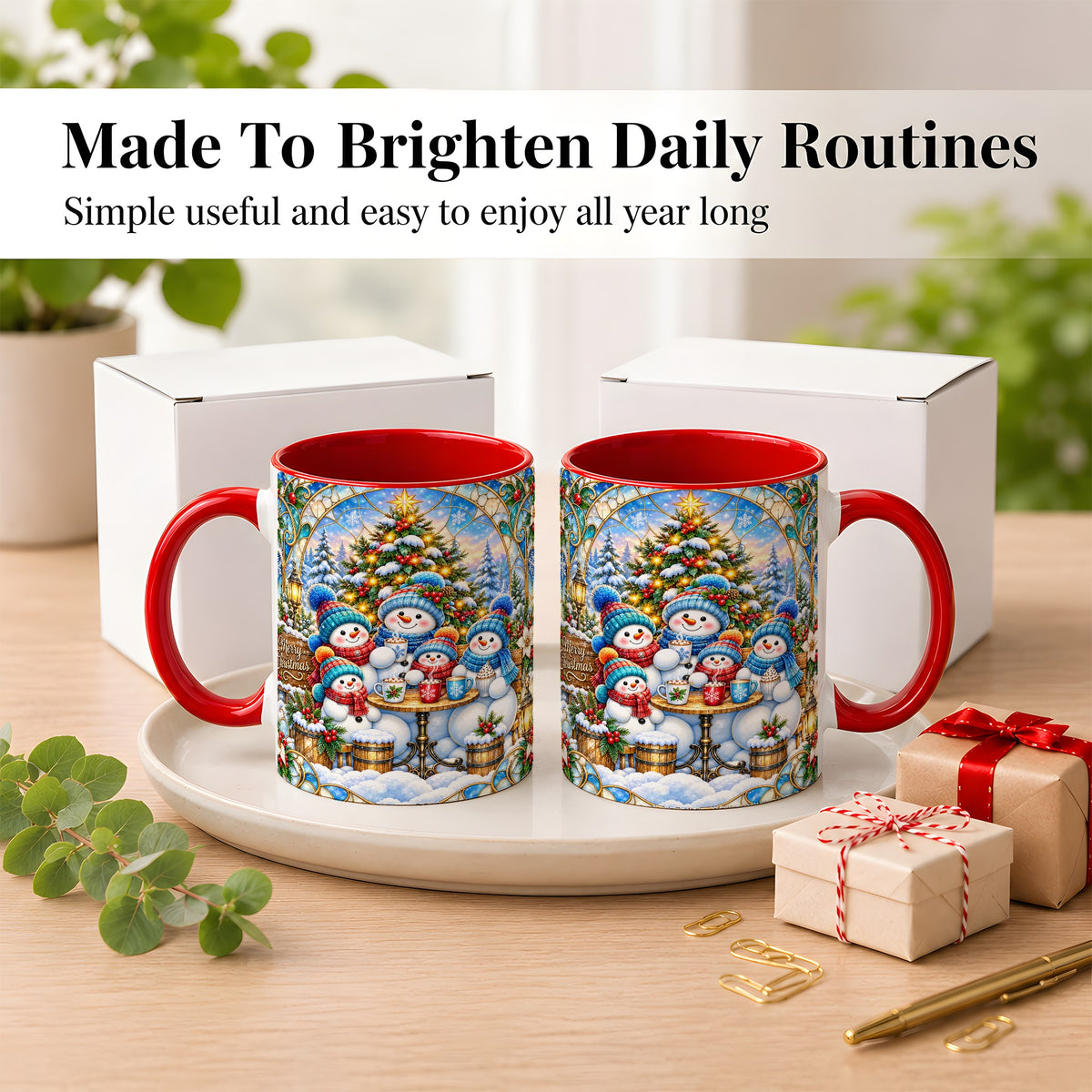 #pl[11oz|Red] Stained Glass Snowman Family Coffee Mug, Christmas Mug, Ceramic Cup