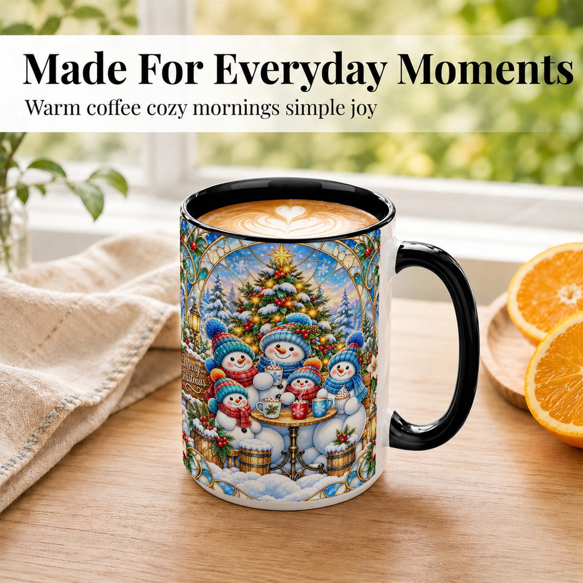 #pl[15oz|Black] Stained Glass Snowman Family Coffee Mug, Christmas Mug, Ceramic Cup