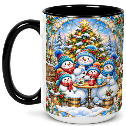 #pl[15oz|Black] Stained Glass Snowman Family Coffee Mug, Christmas Mug, Ceramic Cup