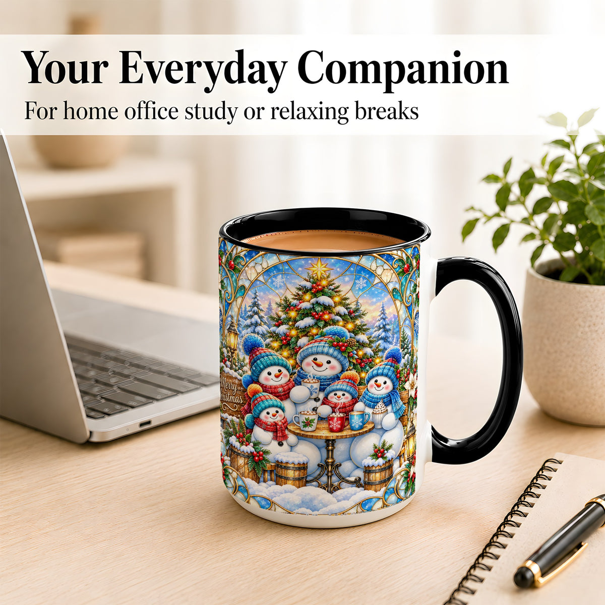 #pl[15oz|Black] Stained Glass Snowman Family Coffee Mug, Christmas Mug, Ceramic Cup
