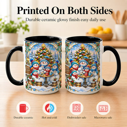 #pl[15oz|Black] Stained Glass Snowman Family Coffee Mug, Christmas Mug, Ceramic Cup