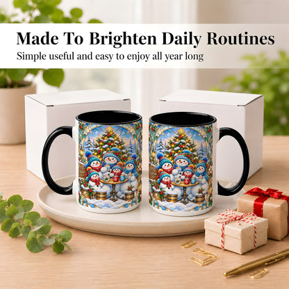 #pl[15oz|Black] Stained Glass Snowman Family Coffee Mug, Christmas Mug, Ceramic Cup