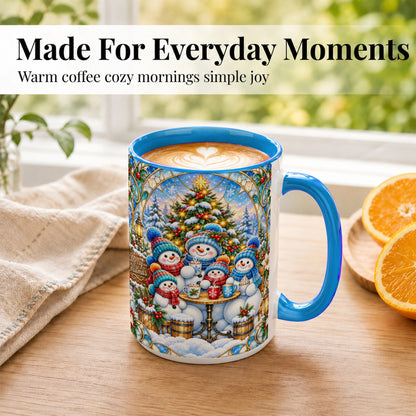 #pl[15oz|Blue] Stained Glass Snowman Family Coffee Mug, Christmas Mug, Ceramic Cup