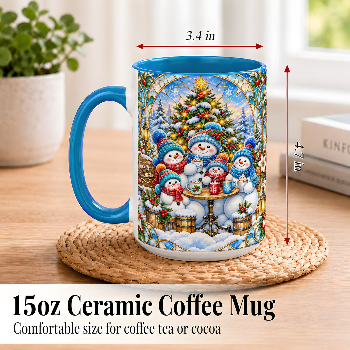 #pl[15oz|Blue] Stained Glass Snowman Family Coffee Mug, Christmas Mug, Ceramic Cup