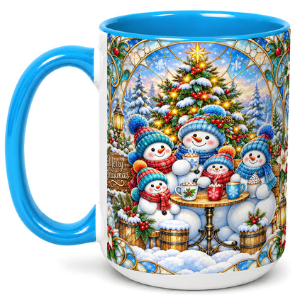 #pl[15oz|Blue] Stained Glass Snowman Family Coffee Mug, Christmas Mug, Ceramic Cup