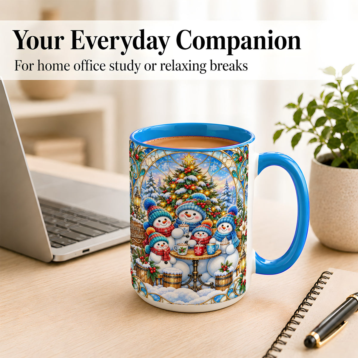#pl[15oz|Blue] Stained Glass Snowman Family Coffee Mug, Christmas Mug, Ceramic Cup