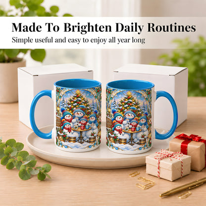 #pl[15oz|Blue] Stained Glass Snowman Family Coffee Mug, Christmas Mug, Ceramic Cup