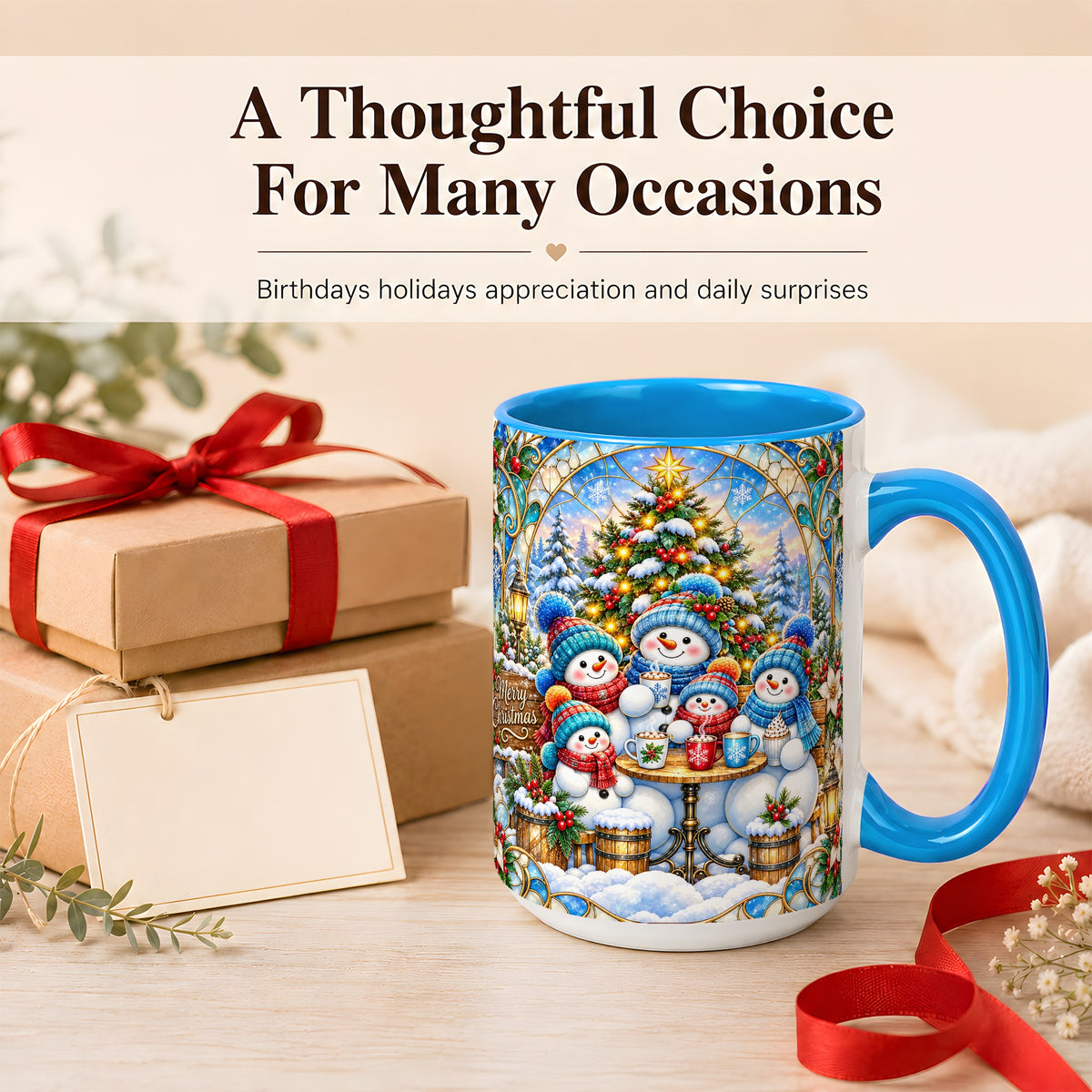 #pl[15oz|Blue] Stained Glass Snowman Family Coffee Mug, Christmas Mug, Ceramic Cup