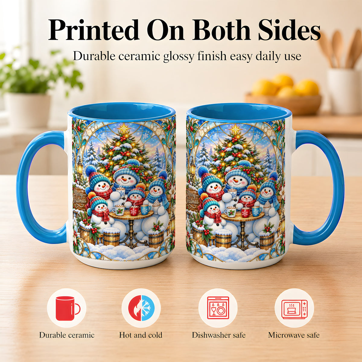 #pl[15oz|Blue] Stained Glass Snowman Family Coffee Mug, Christmas Mug, Ceramic Cup
